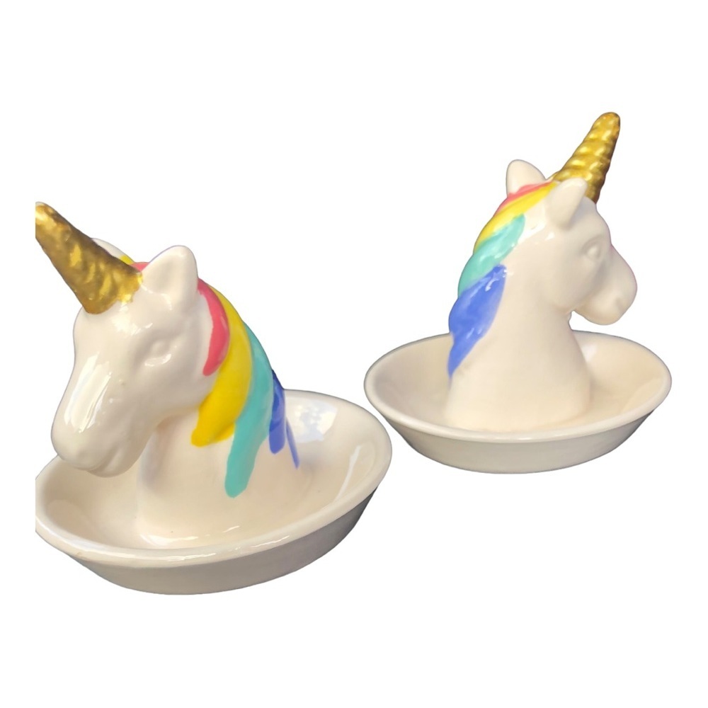 2 ivory ceramic rainbow gold unicorn horn‎ ring jewelry holders new